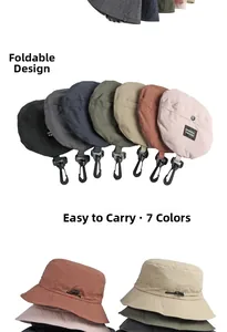 Outdoor packable waterproof bucket hat shown in seven colors and folded state