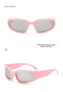 Pink Y2K athletic sunglasses with silver mirror lenses shown in front and side views