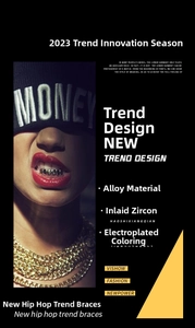 Detail of hip hop gold grillz showing pave set cubic zirconia on electroplated alloy