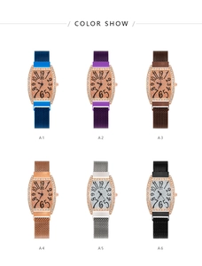 Six luxury tonneau watches with rhinestone bezels and Milanese mesh straps in various colors