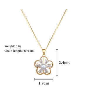Detailed view of hollow five-leaf flower necklace with pearl and diamond accents
