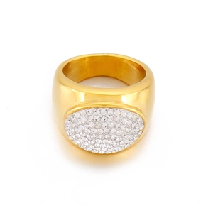 Golden titanium steel ring for women with micro-pave white crystals in oval design