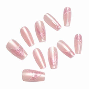 Pink pearlescent mermaid tail press-on nails with 3D flower petals and subtle glitter