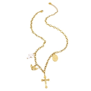 Vintage gold necklace featuring cross pendants, cherub angel, and religious medals on a chain