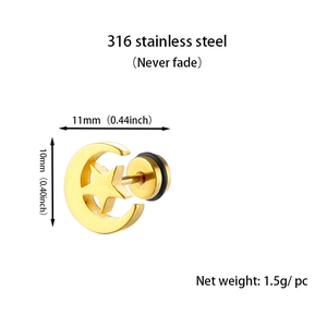 Macro detail of star and moon stud earring in 316 stainless steel with size specs