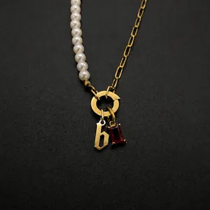 Stainless Steel Gothic Initial Necklace Artificial Pearl Spliced Rhinestone Pendant Choker Jewelry For Women