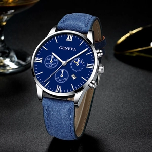 Geneva men's quartz watch with blue leather strap and Roman numerals calendar dial