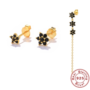 S925 sterling silver gold star flower stud earrings and long tassel chain jewelry set