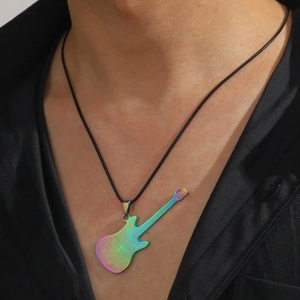 Detail of rainbow guitar pendant with cross and scripture on a black necklace