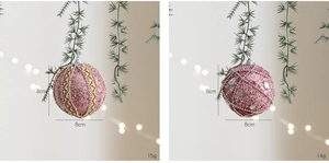 Detail of 8cm pink foam Christmas balls with glitter beads and gemstone ornaments