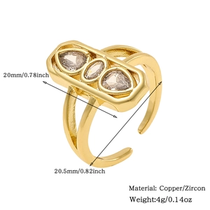 Detailed size chart showing 20mm diameter and 4g weight for gold zircon ring