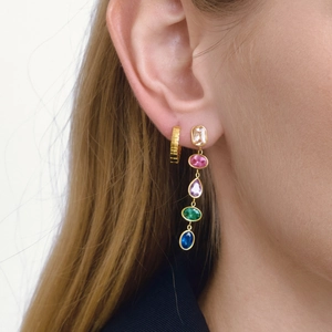Close-up of dangling gold earrings with five colorful vertically set gemstones on a model