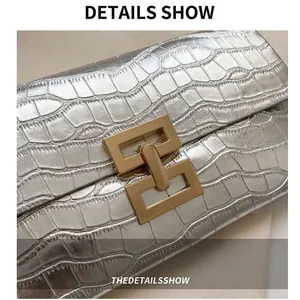 Chic silver crocodile texture envelope clutch bag with gold geometric metal lock buckle