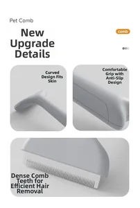 Detail of pet comb featuring curved head, non-slip handle, and high-density metal teeth