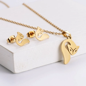 Golden titanium steel fox jewelry set including animal pendant necklace and stud earrings