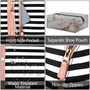 Detail view of water resistant material and separate shoe pouch on striped travel bag