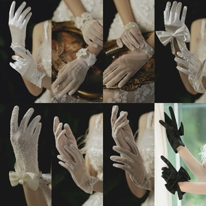 Elegant Wedding Bridal Gloves Satin Lace Mesh Bow Artificial Pearl Rhinestone Formal Party Evening Dress Accessory For Women