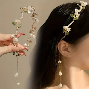 Lily Of The Valley Headband Alloy Resin Flower Enamel Leaf Artificial Pearl Tassel Pendant Hair Hoop For Women Girls