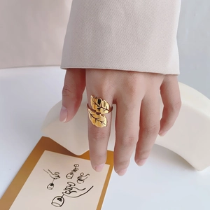 Minimalist Leaf Open Ring Stainless Steel 18K Gold Plated Double Leaf Textured Adjustable Jewelry For Women