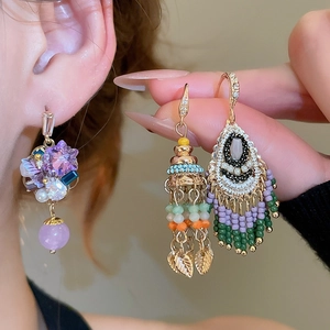 Bohemian crystal tassel earrings with colorful beads and vintage floral design