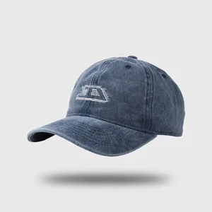 Classic washed blue denim baseball cap featuring white embroidered D letter and curved visor