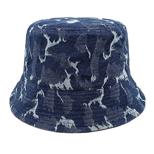 Retro washed denim bucket hat with white horse jacquard pattern for a stylish look