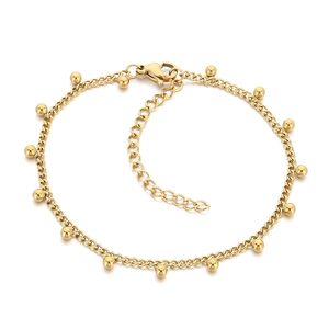 Minimalist gold stainless steel chain bracelet with hanging gold beads on white background