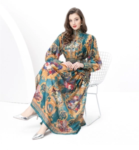 Detail of vintage floral maxi dress with stand collar and lantern sleeves on a model