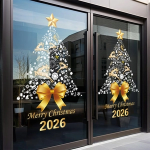 Goldener Weihnachtsbaum Fensteraufkleber mit Schneeflocken, Rentieren und Frohe Weihnachten