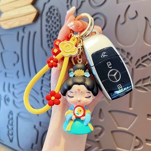 Cute Tang Dynasty doll keychain with blue Hanfu and lucky charms on a yellow strap