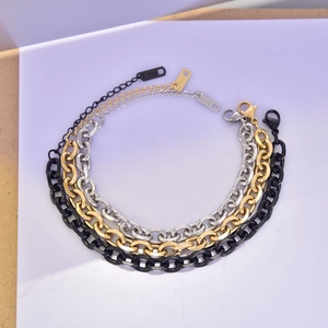 Macro detail of geometric titanium steel chunky chains in black, gold, and silver finishes