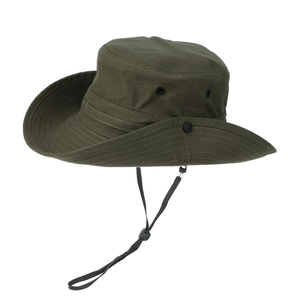 Detail of army green canvas bucket hat with wide brim stitching and black snap button