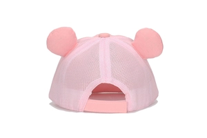 Back view detail of a pink baby mesh baseball cap with cute ears and adjustable strap