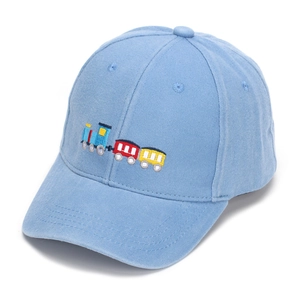 Close-up of sky blue kids baseball cap with detailed colorful train embroidery art