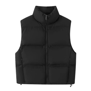 Women's black stand collar sleeveless quilted vest with zip pockets and drawstring hem