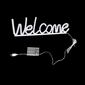 Détail de l'enseigne néon LED Welcome avec options USB et boîtier de piles