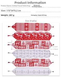 Detailed size chart for Christmas knitted table runners with tassels in various patterns