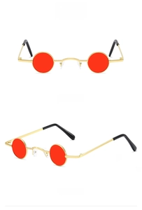 Detailed front and side view of punk retro small round sunglasses with red lenses