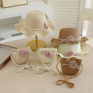 Summer kids straw hat and matching purse set with large rose and pearl trim