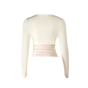 Detailed back view of a slim-fit mesh top featuring delicate waist ruching and beige fabric