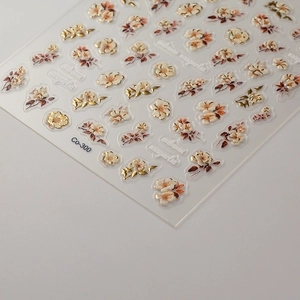 5D gold embossed magnolia nail stickers Co-300 with white autumn floral patterns