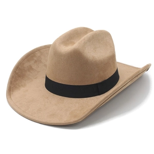 Classic camel faux suede cowboy hat with a minimalist black band on white background