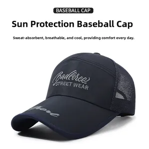Detail of mesh baseball cap with badforce embroidery for breathable outdoor sun protection