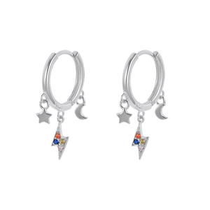 S925 silver hoop earrings with star, moon, and colorful zircon lightning pendants
