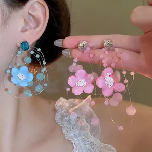 Flower Fabric Dangle Earrings With 925 Sterling Silver Earring Post Glass Bead Rhinestone Summer Beach Jewelry For Women