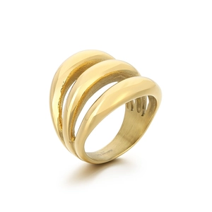 18K gold plated stainless steel ring with a three-layer wavy design on a white background