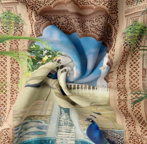 Detail of tropical tapestry fabric featuring Moroccan arches, palm trees and peacock art
