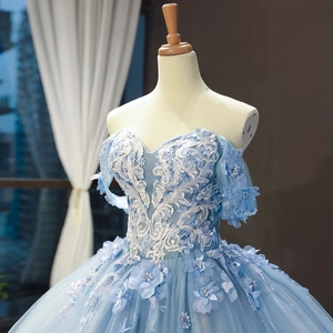 Off-shoulder light blue princess wedding dress with 3D floral lace and pearls