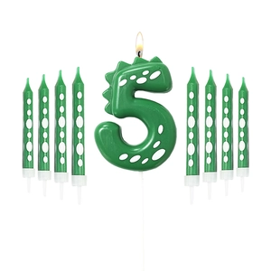 Green dinosaur number 5 birthday candle set with polka dot pencil candles decoration