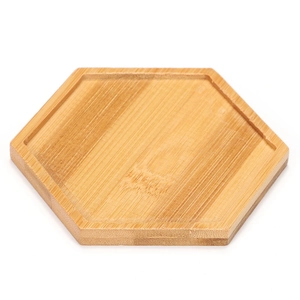 Hexagonal bamboo succulent tray with natural wood grain and raised edge on white background